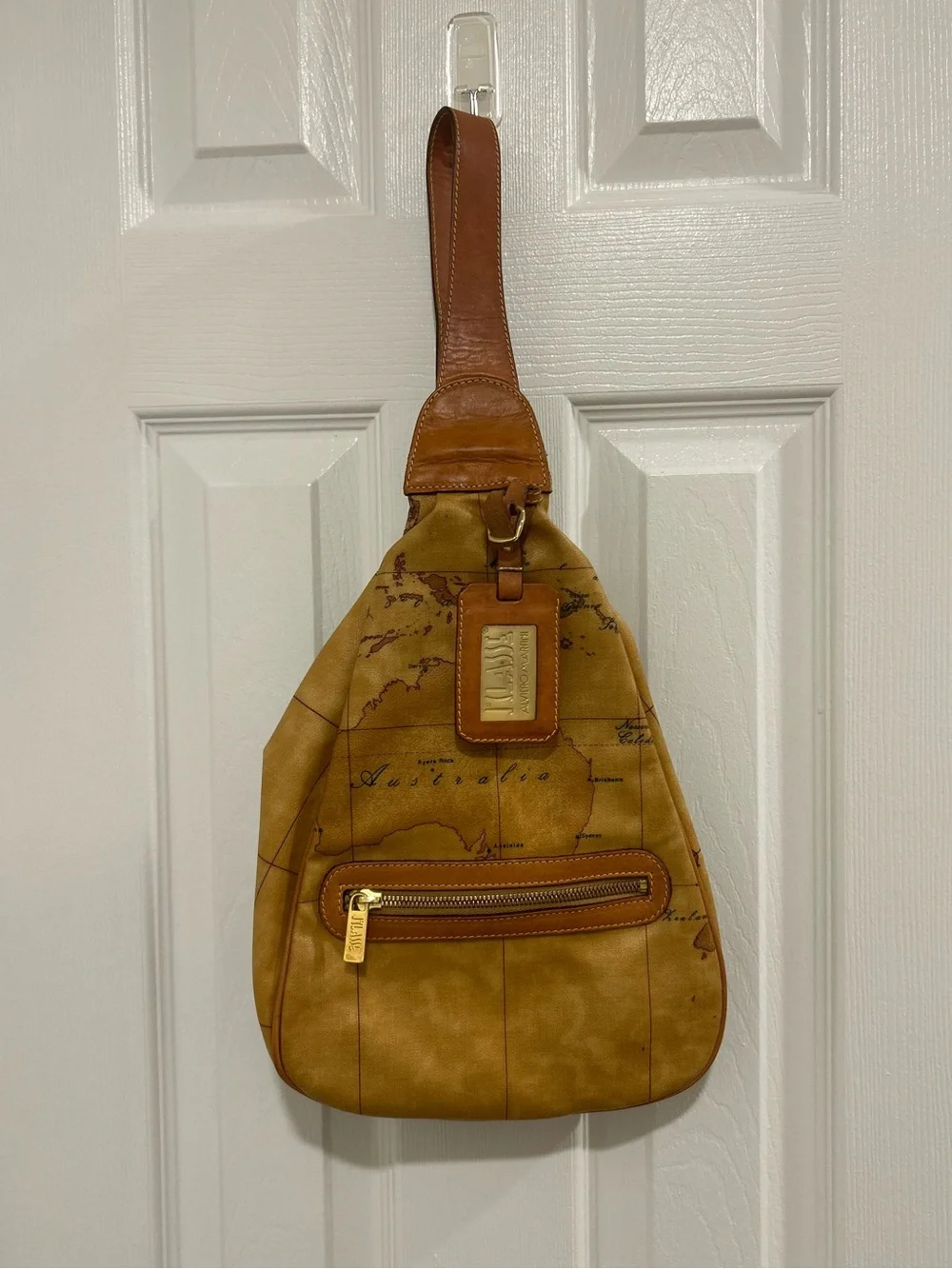 Alviero Martini 1A Classe Geo Map Sling Backpack Tan Coated Canvas Bag